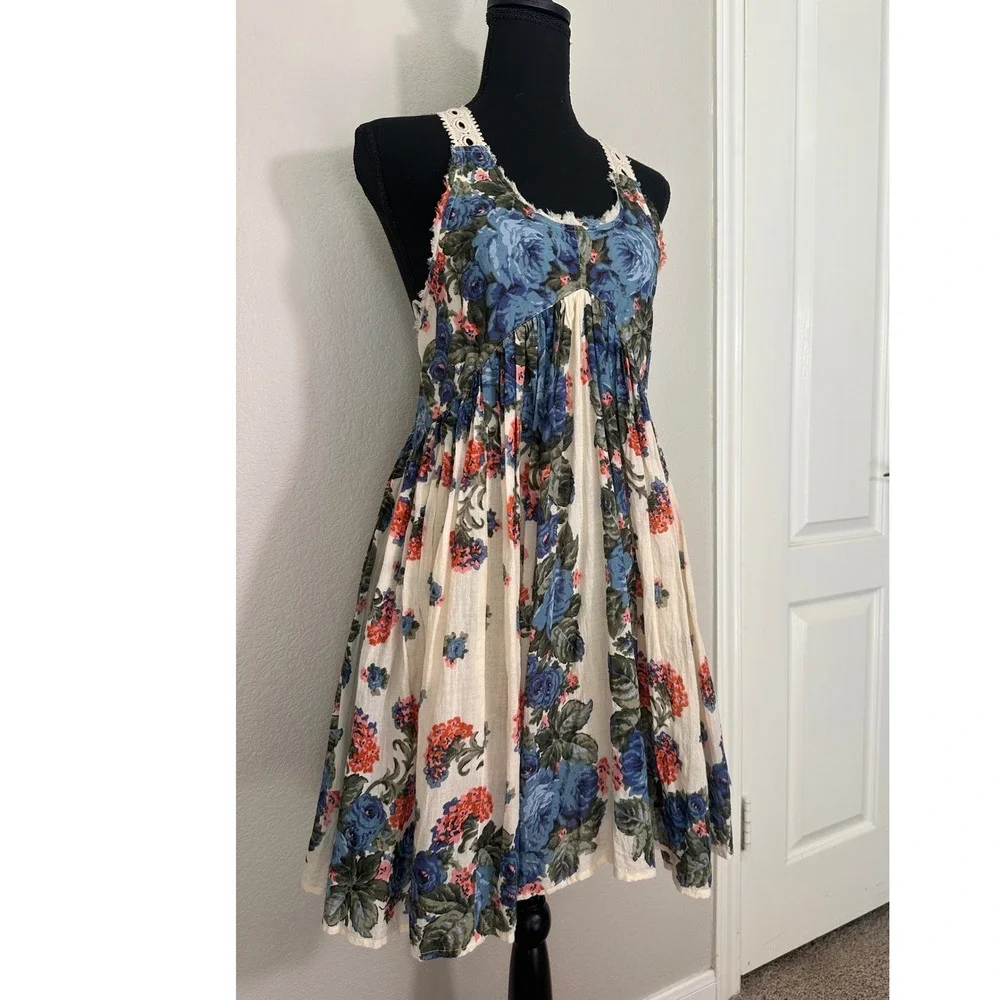 Free People Little Teacup Dress Small Blue Floral Crochet Cottage Shabby Chic